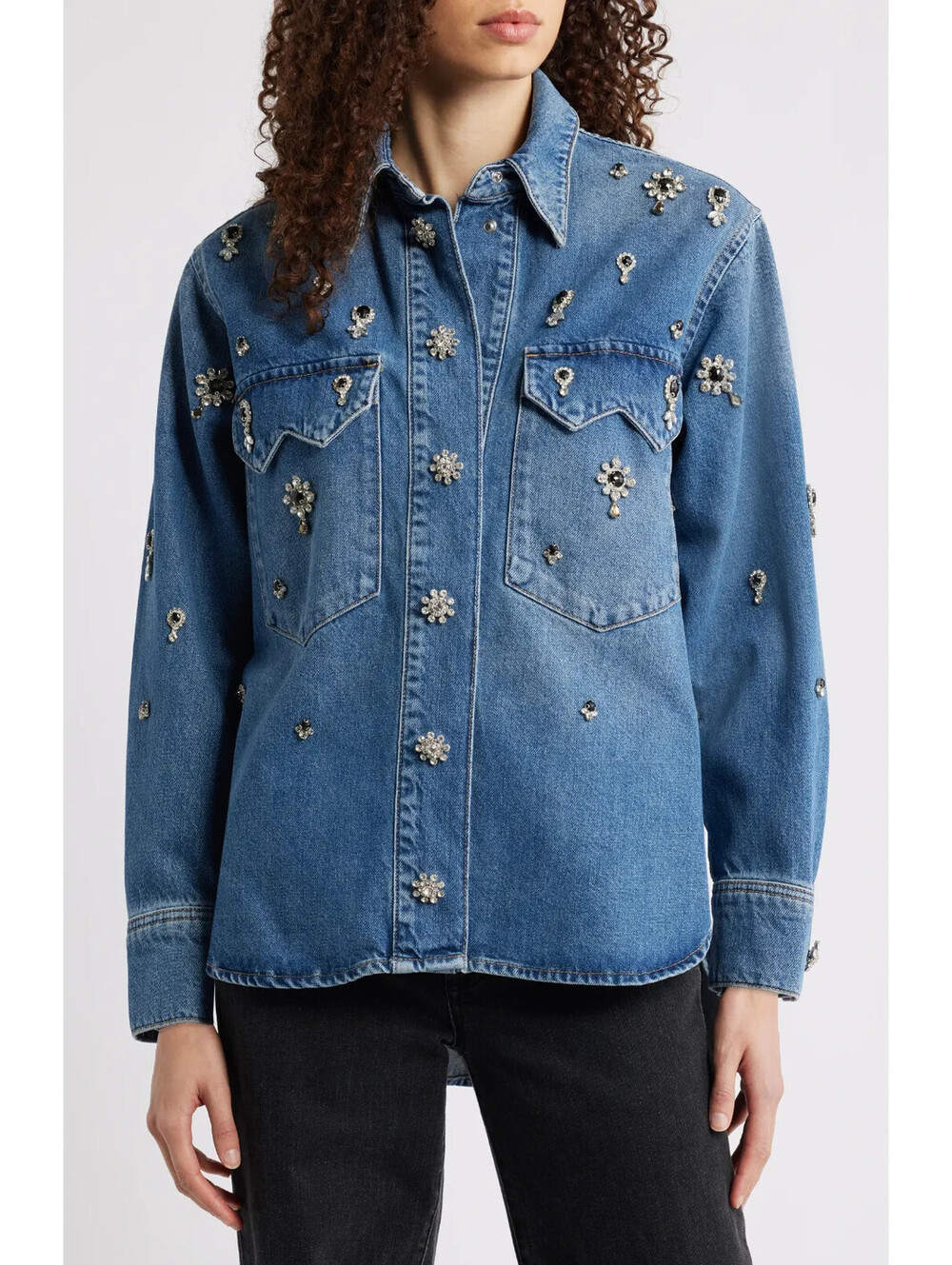 NEW, AllSaints Enna Embellished Denim Snap-Up Shirt in Indigo Sz M #SJ2506 - Picture 2 of 11